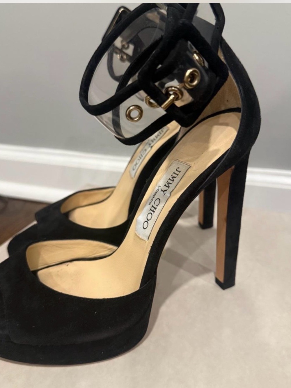 Jimmy Choo Black Suede High Heel Ankle-Strap Pumps